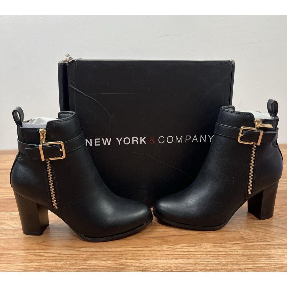 NY&C Alana Heeled Boots Women's Size 7 Black Zip Close, Buckle Details NEW